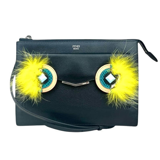 Fendi Monster Fur Leather Crossbody Black