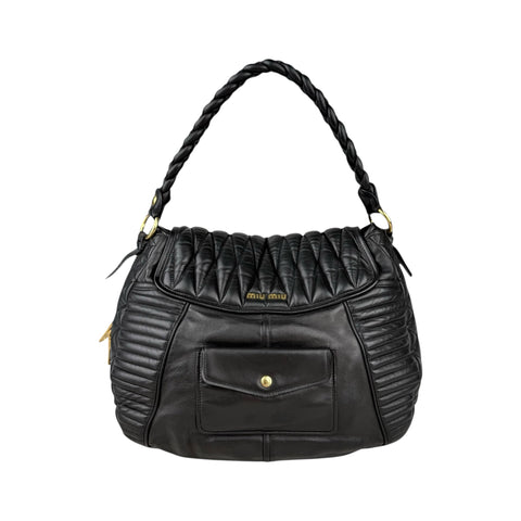 Miu Miu Nappa Matelasse Biker Coffer Leather Top Handle Bag Black