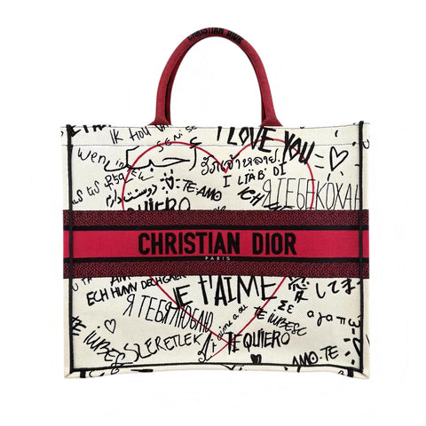 Dior White and Red Embroidered Canvas Dioramour Graffiti Book Tote