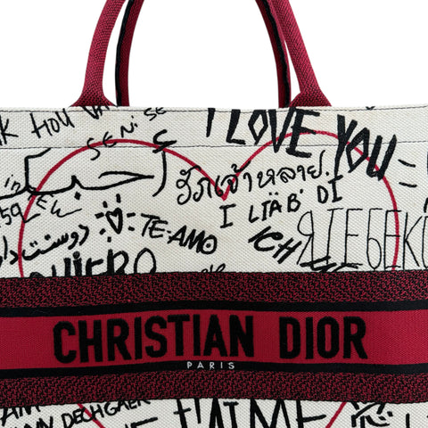 Dior White and Red Embroidered Canvas Dioramour Graffiti Book Tote