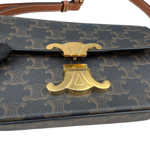 Celine Claude Triomphe Canvas and Calfskin Tan Shoulder Bag