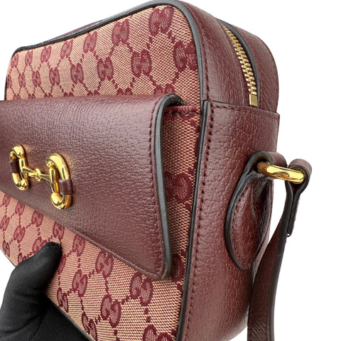 Gucci Horsebit 1955 Burgundy GG Canvas Flap Pocket Camera Crossbody