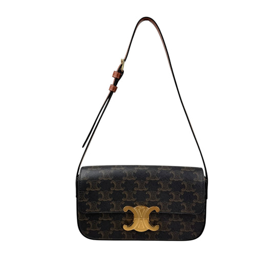 Celine Claude Triomphe Canvas and Calfskin Tan Shoulder Bag