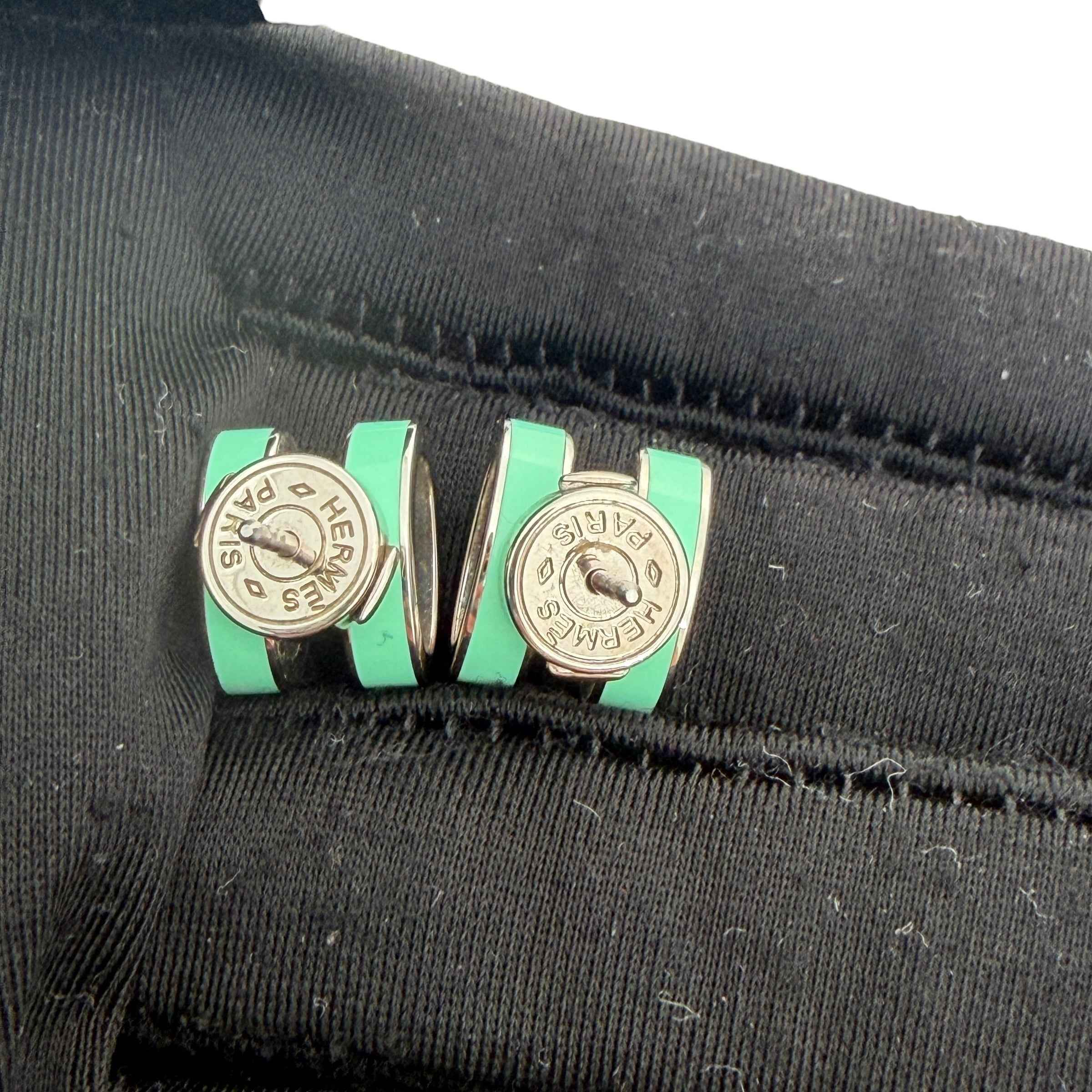 Hermes Pop H Palladium Plated Green Lacquer Stud Earrings