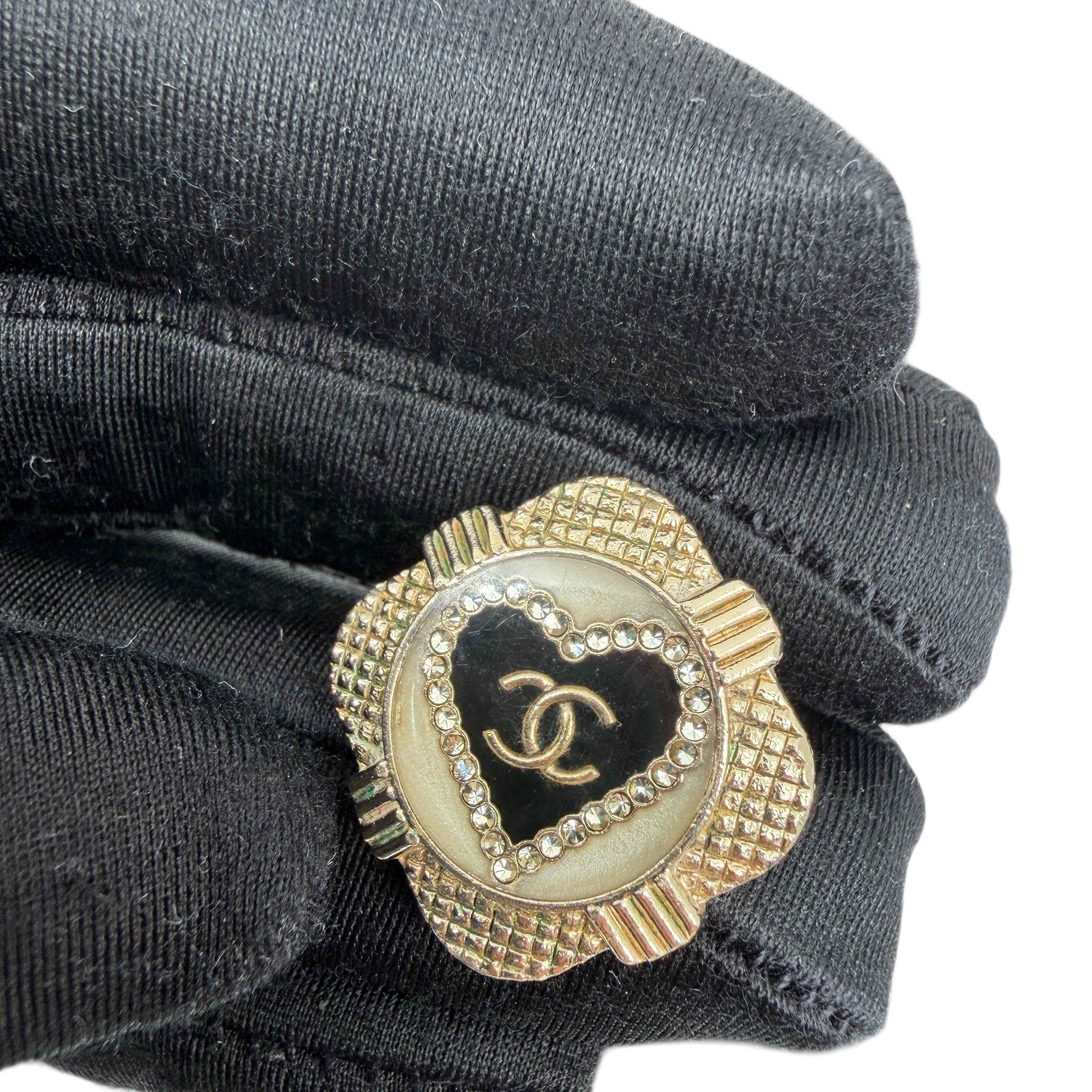 Chanel Goldtone Metal Black Resin Crystal Heart Earrings