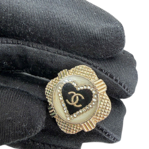 Chanel Goldtone Metal Black Resin Crystal Heart Earrings