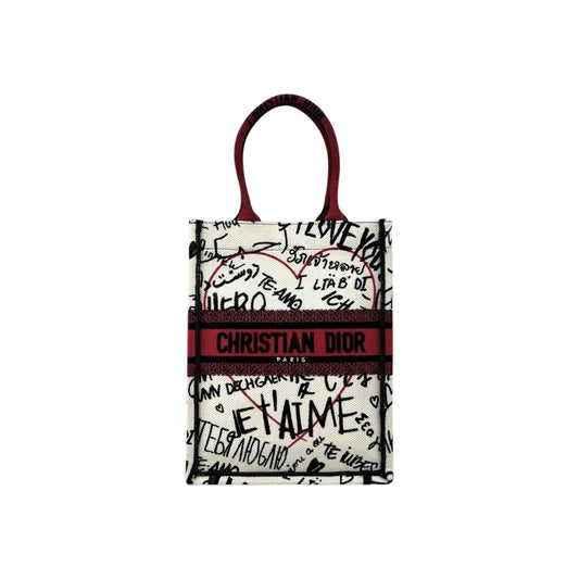 Dior White and Red Embroidered Canvas Dioramour Graffiti Vertical Book Tote