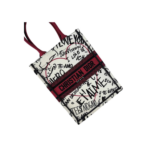Dior White and Red Embroidered Canvas Dioramour Graffiti Vertical Book Tote