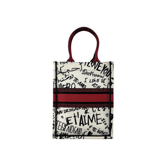 Dior White and Red Embroidered Canvas Dioramour Graffiti Vertical Book Tote