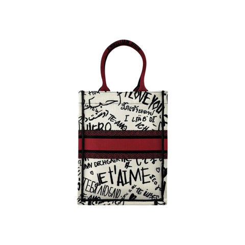 Dior White and Red Embroidered Canvas Dioramour Graffiti Vertical Book Tote
