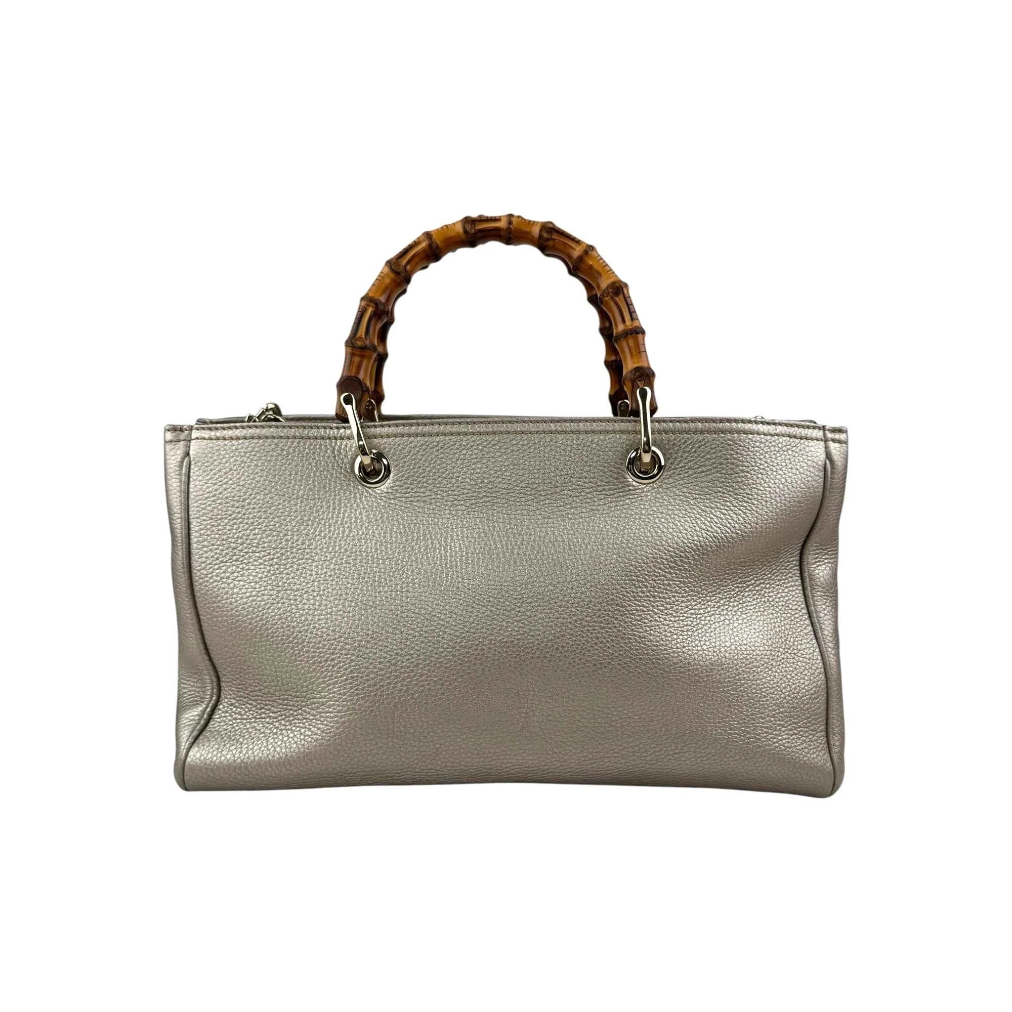 Gucci Gold Pebbled Leather Bamboo Top Handle Medium Tote Bag