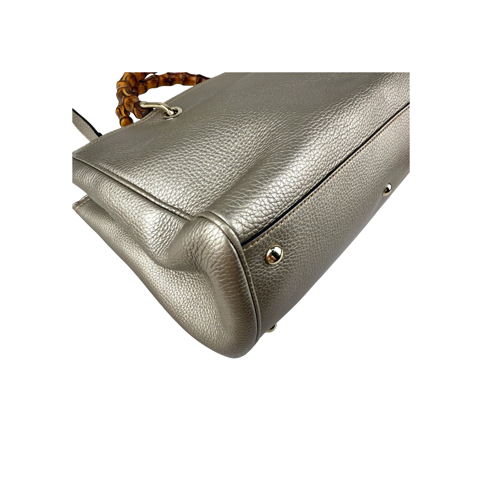 Gucci Gold Pebbled Leather Bamboo Top Handle Medium Tote Bag