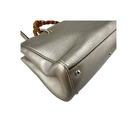 Gucci Gold Pebbled Leather Bamboo Top Handle Medium Tote Bag