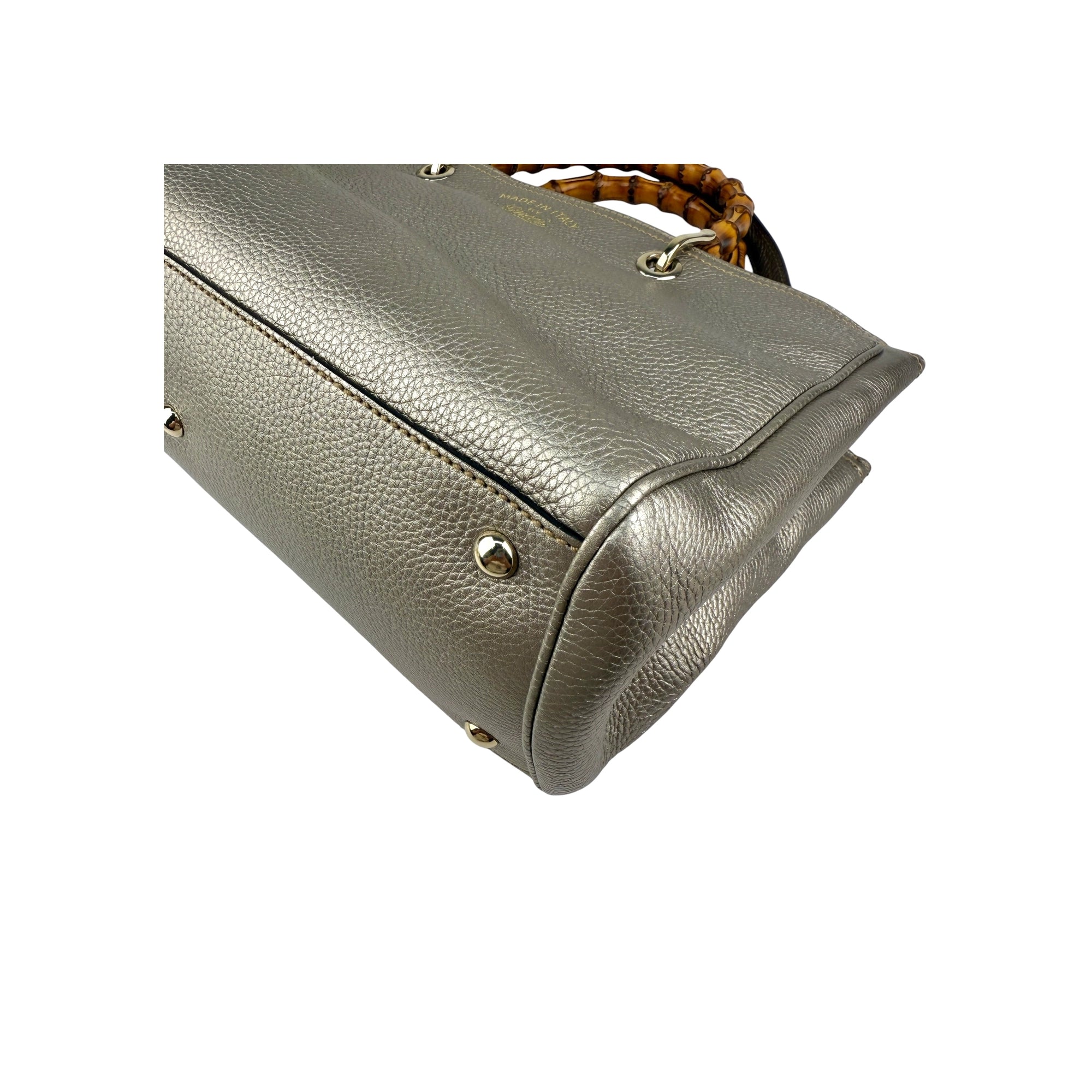 Gucci Gold Pebbled Leather Bamboo Top Handle Medium Tote Bag