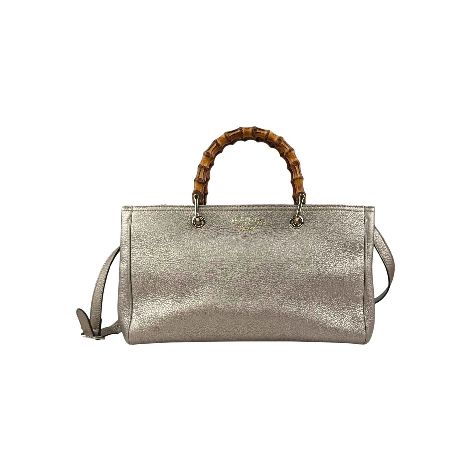 Gucci Gold Pebbled Leather Bamboo Top Handle Medium Tote Bag