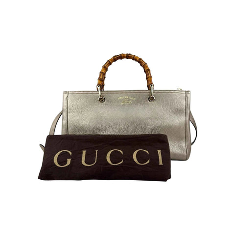 Gucci Gold Pebbled Leather Bamboo Top Handle Medium Tote Bag