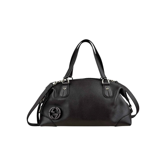 Gucci Black Leather Twill Top Handle Bag