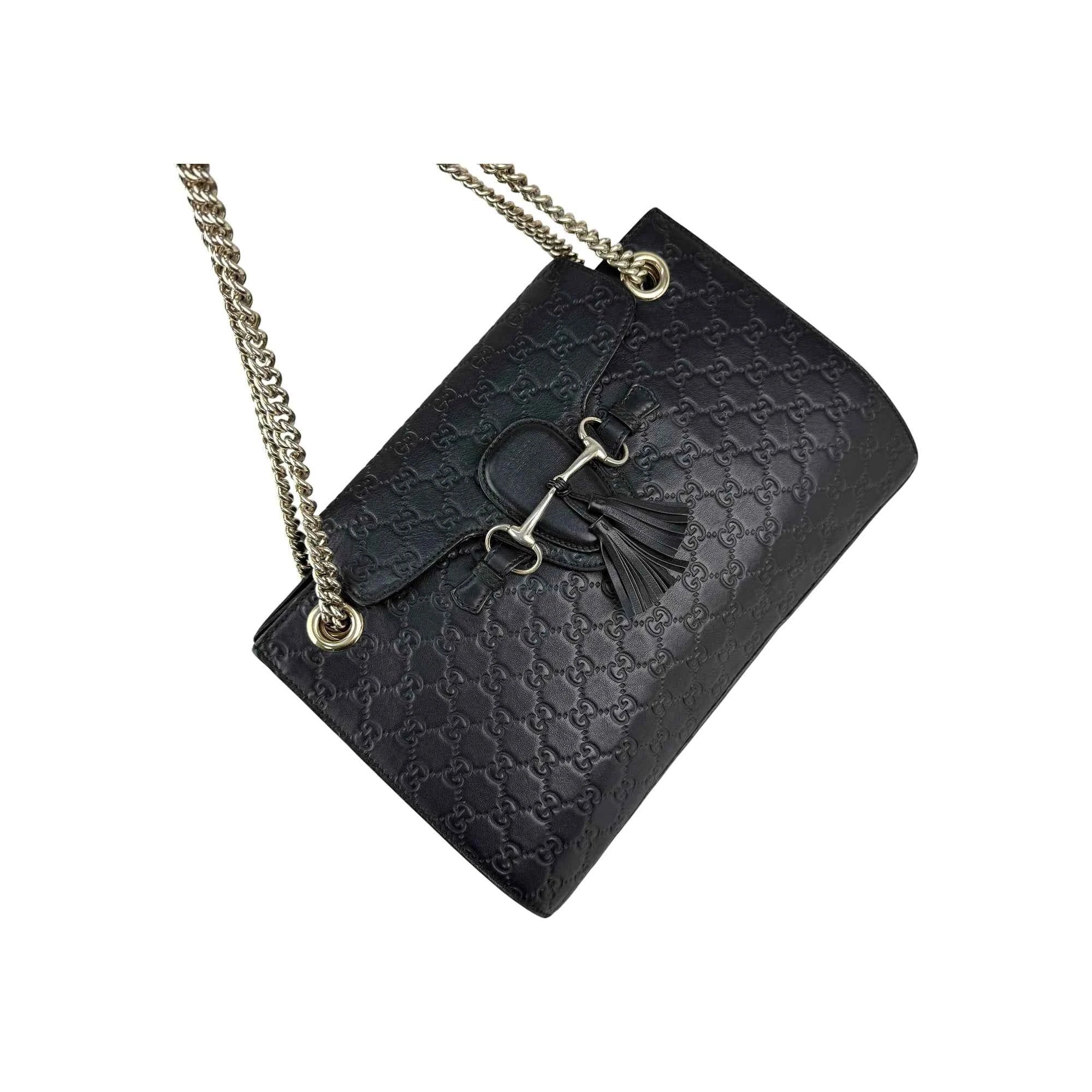 Gucci Black Guccissima Leather Large Emily Chain Shoulder Bag