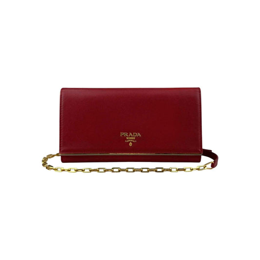 Prada Red Saffiano Metal Leather Flap Wallet on Chain