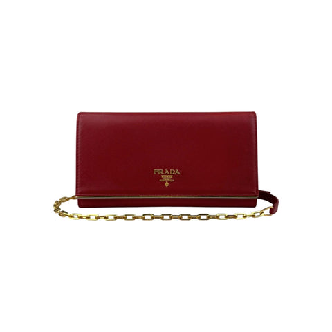 Prada Red Saffiano Metal Leather Flap Wallet on Chain