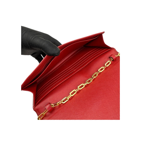 Prada Red Saffiano Metal Leather Flap Wallet on Chain