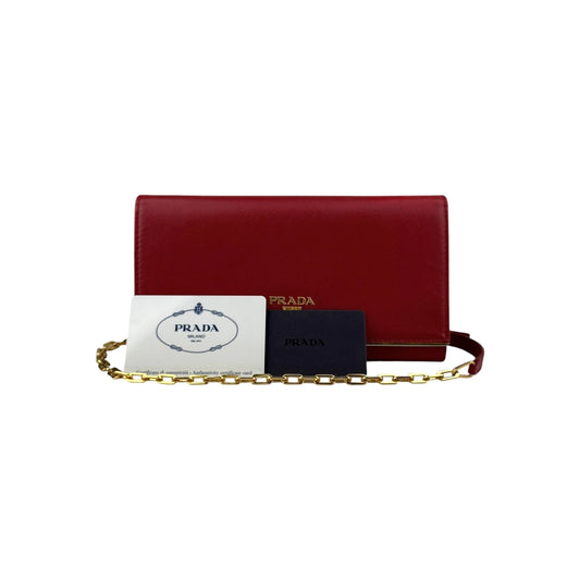 Prada Red Saffiano Metal Leather Flap Wallet on Chain