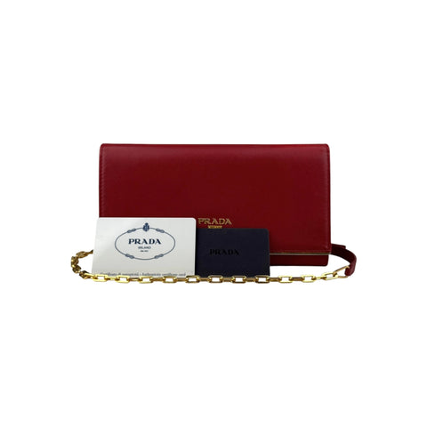 Prada Red Saffiano Metal Leather Flap Wallet on Chain
