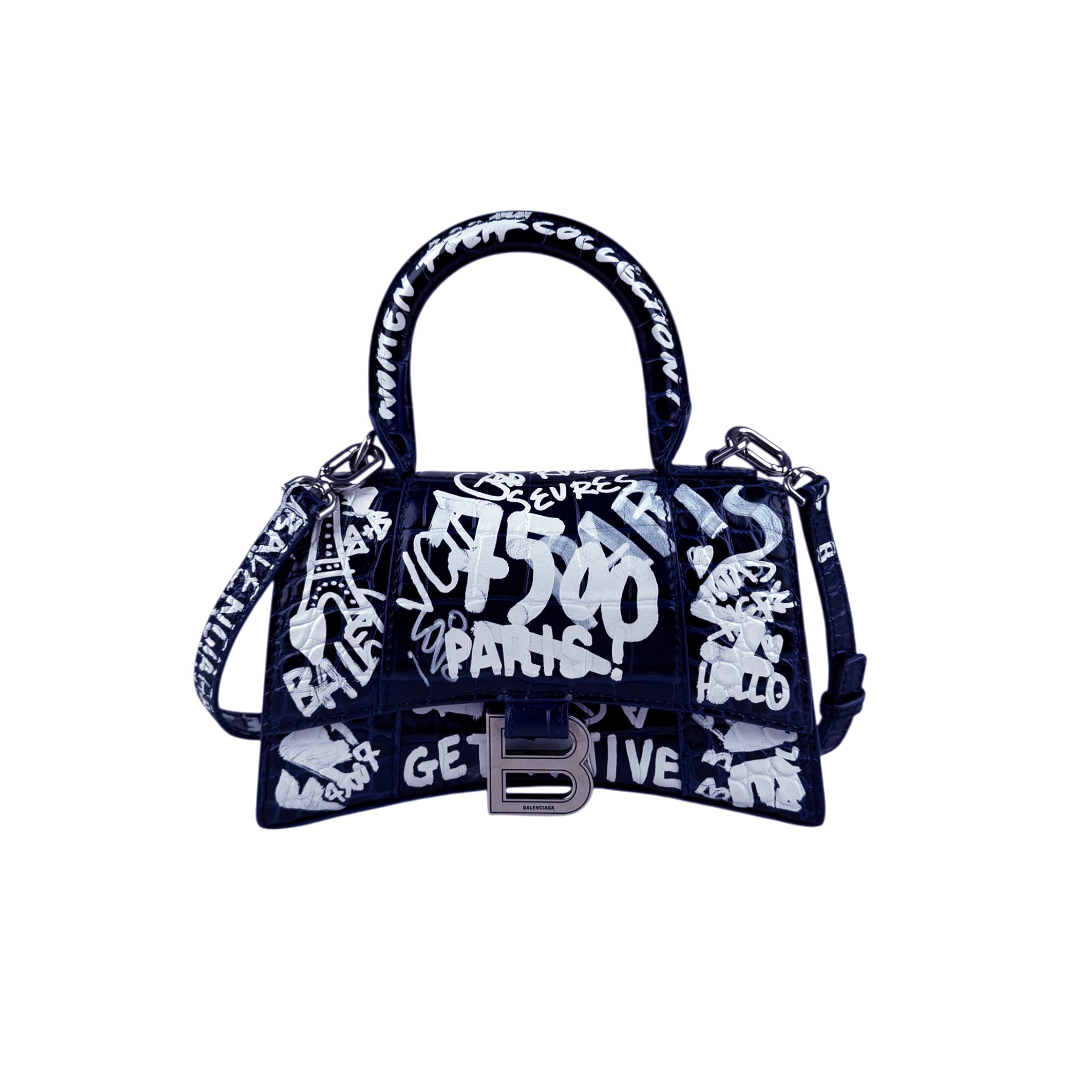 balenciaga-hourglass-graffiti-xs-navy-shoulder-bag-front