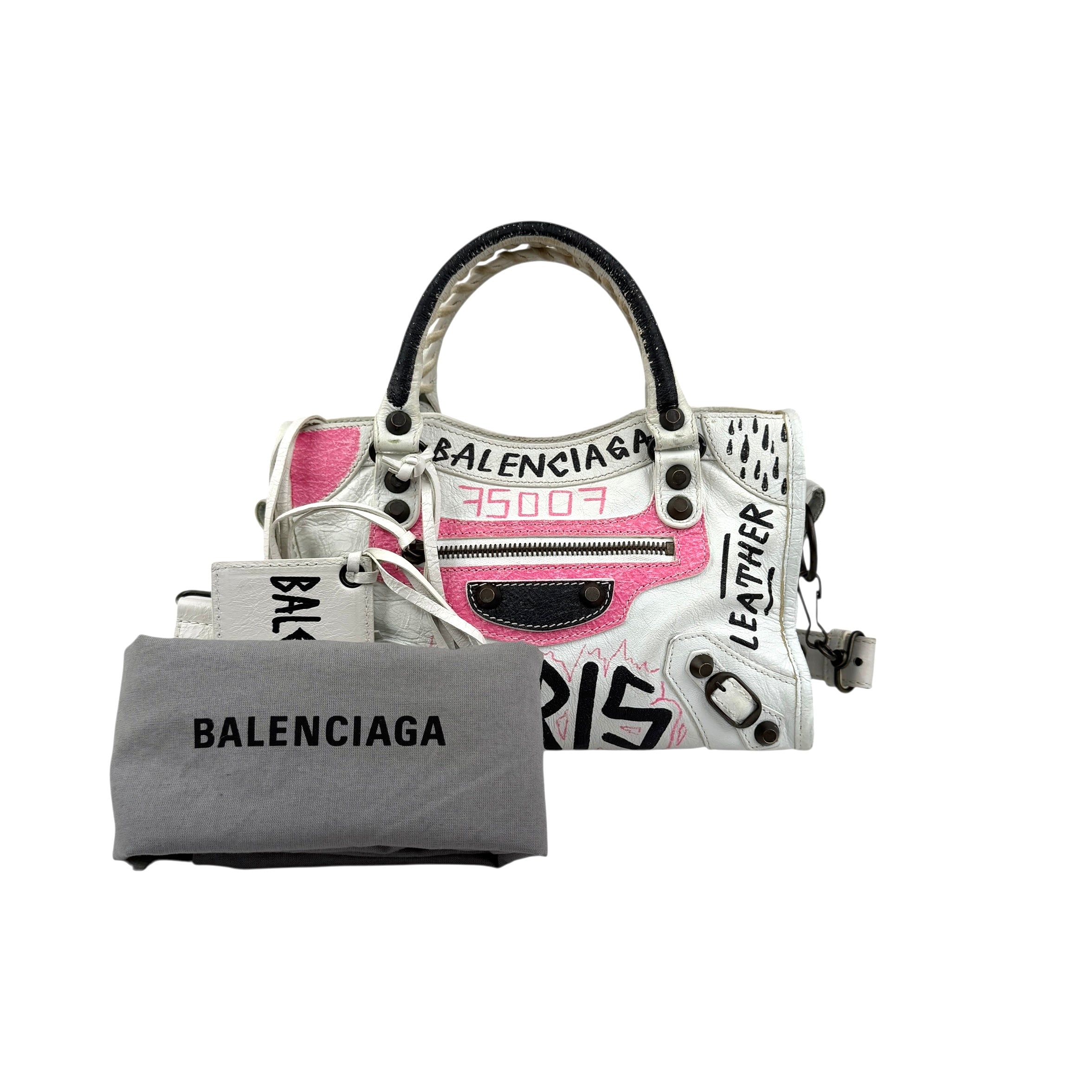 balenciaga agneau graffiti all over classic hardware mini city white multicolor accessory