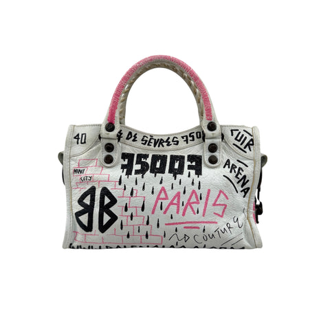 balenciaga agneau graffiti all over classic hardware mini city white multicolor back