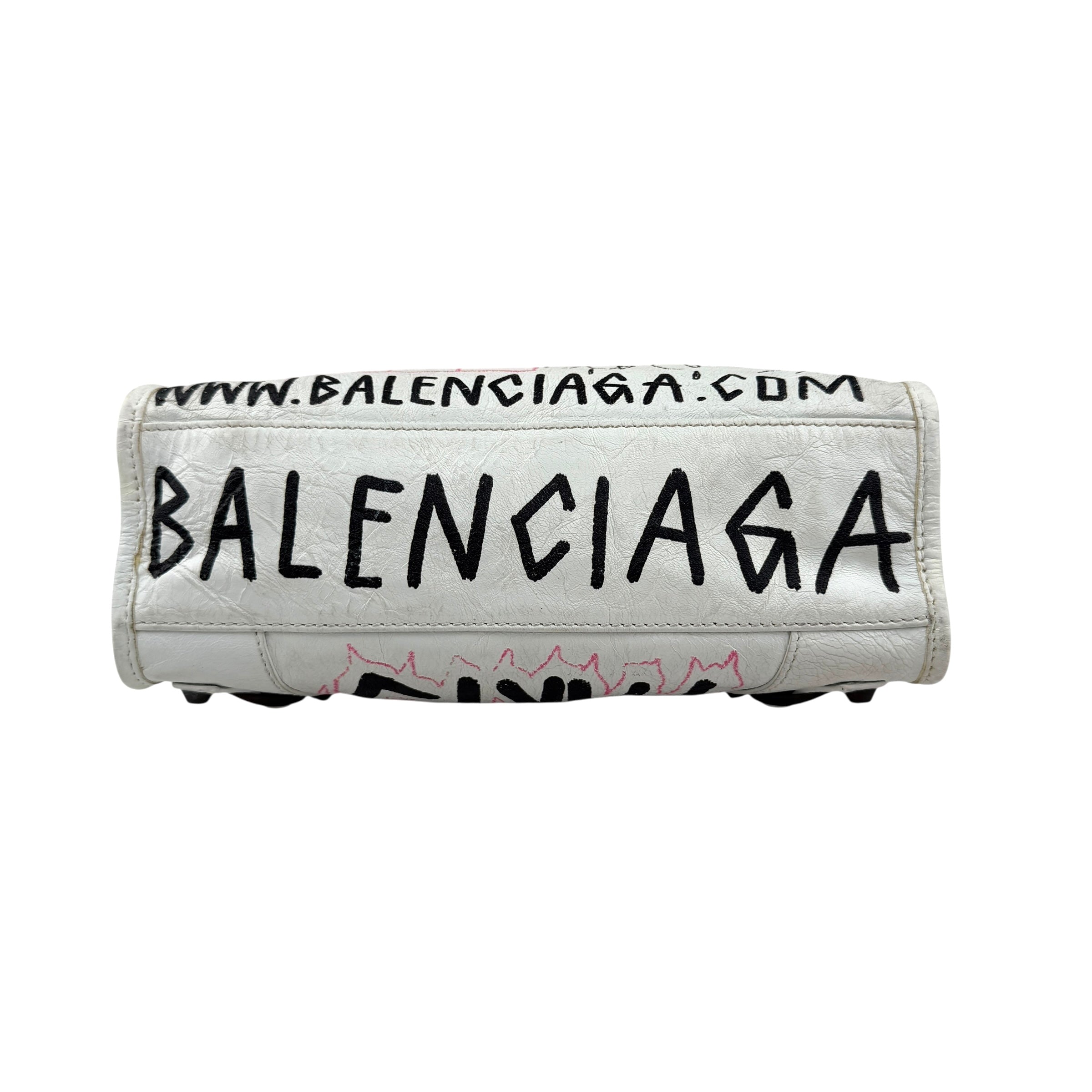 balenciaga agneau graffiti all over classic hardware mini city white multicolor bottom