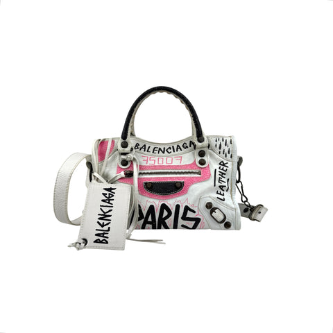 balenciaga agneau graffiti all over classic hardware mini city white multicolor front