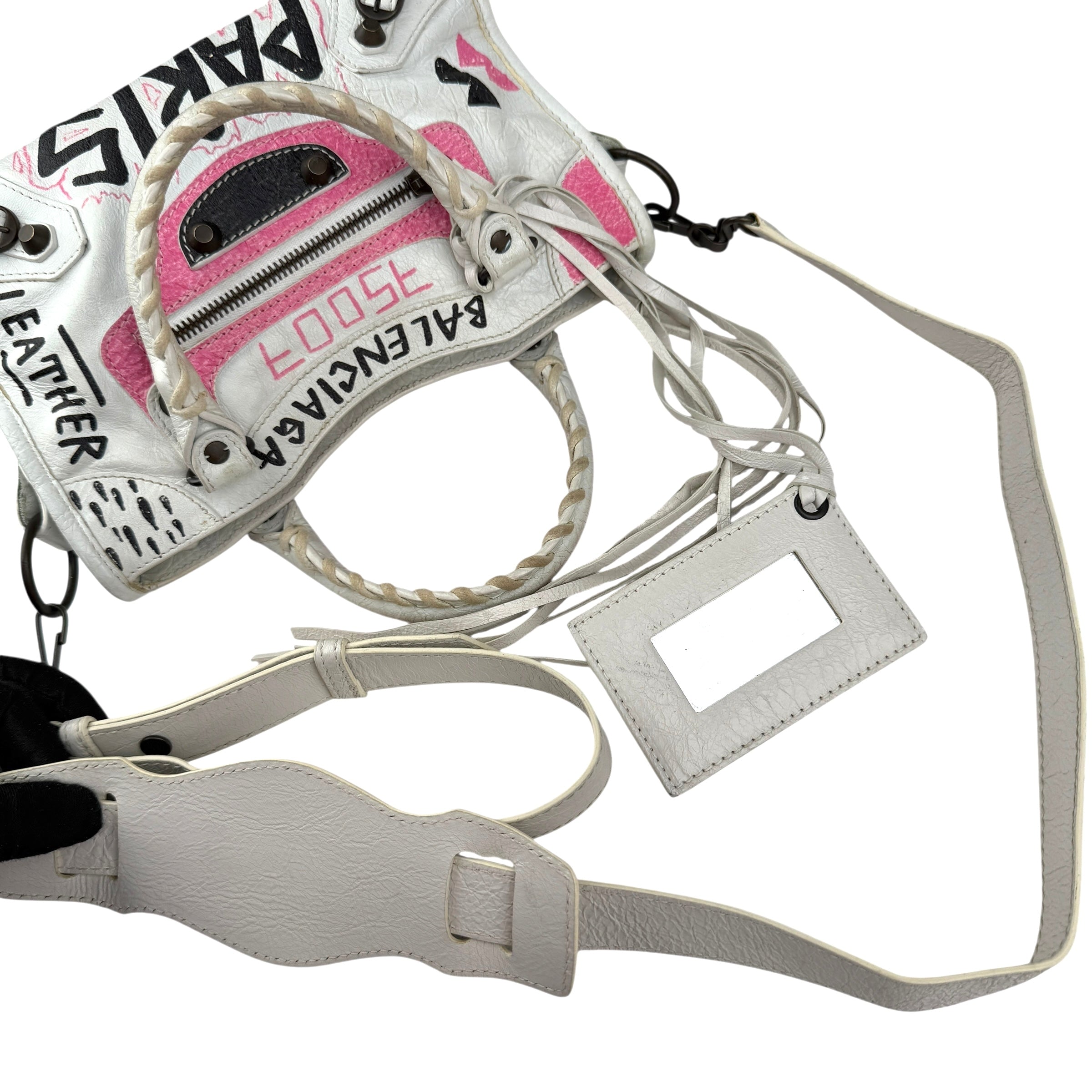 balenciaga agneau graffiti all over classic hardware mini city white multicolor handle detail