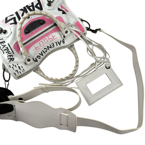 balenciaga agneau graffiti all over classic hardware mini city white multicolor handle detail