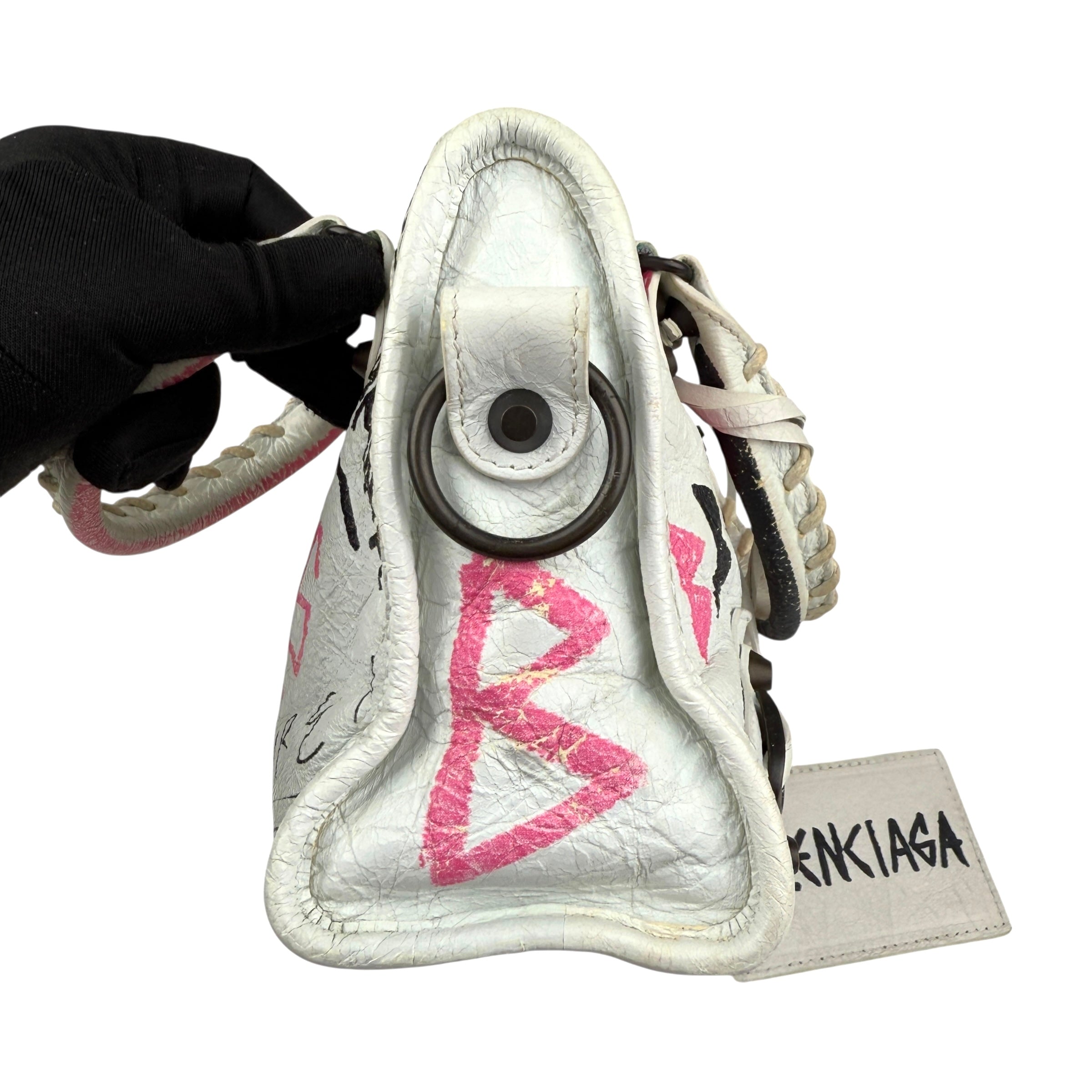 balenciaga agneau graffiti all over classic hardware mini city white multicolor left