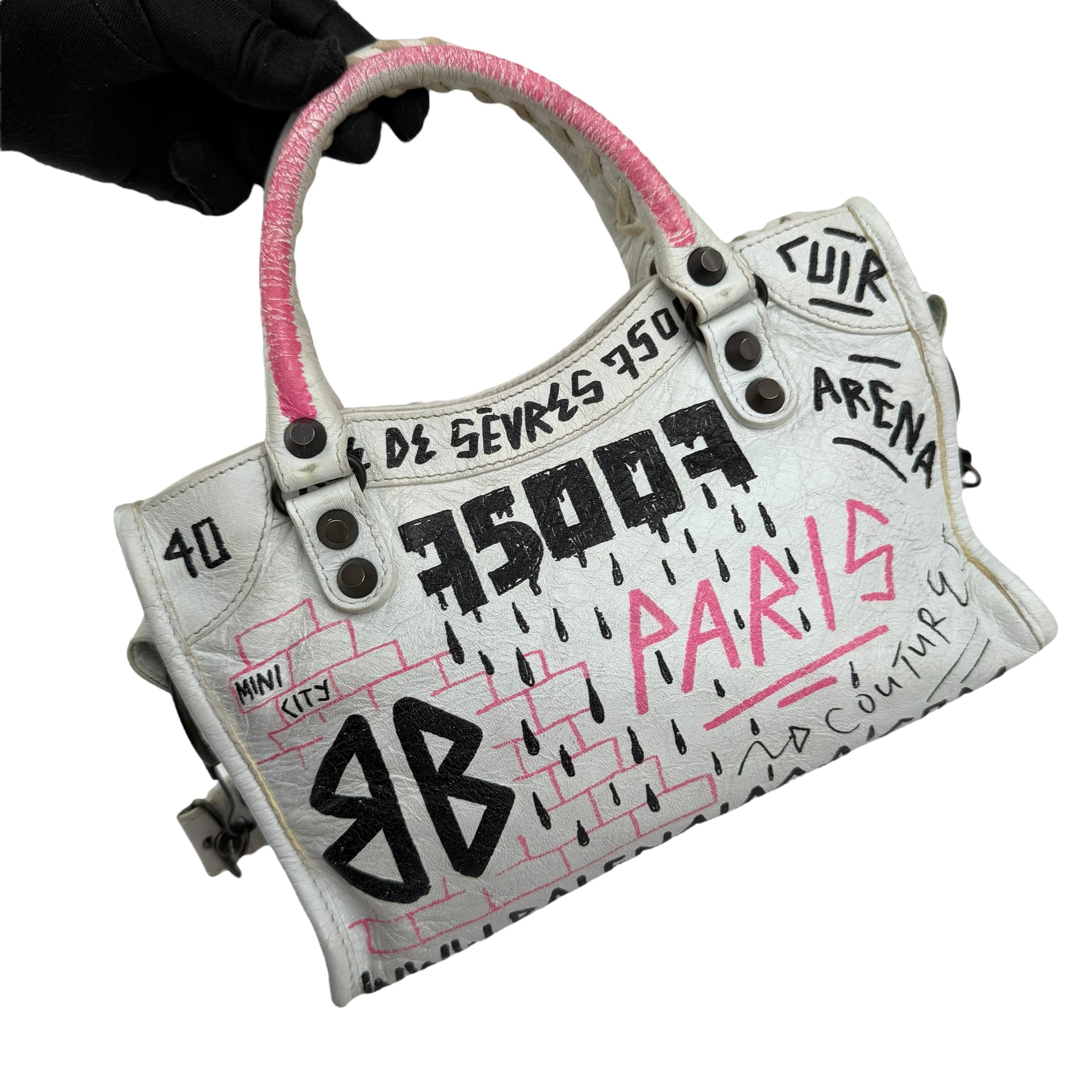 balenciaga agneau graffiti all over classic hardware mini city white multicolor left back 45