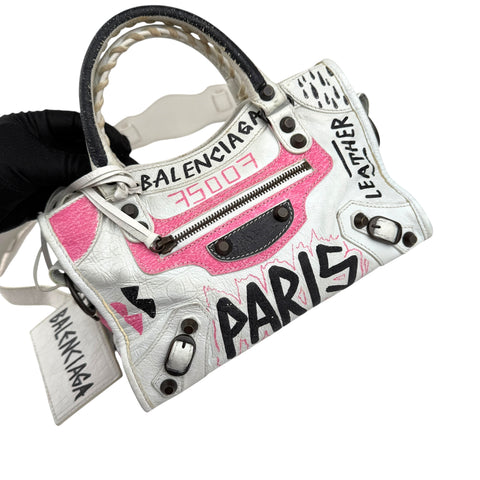 balenciaga agneau graffiti all over classic hardware mini city white multicolor left front 45