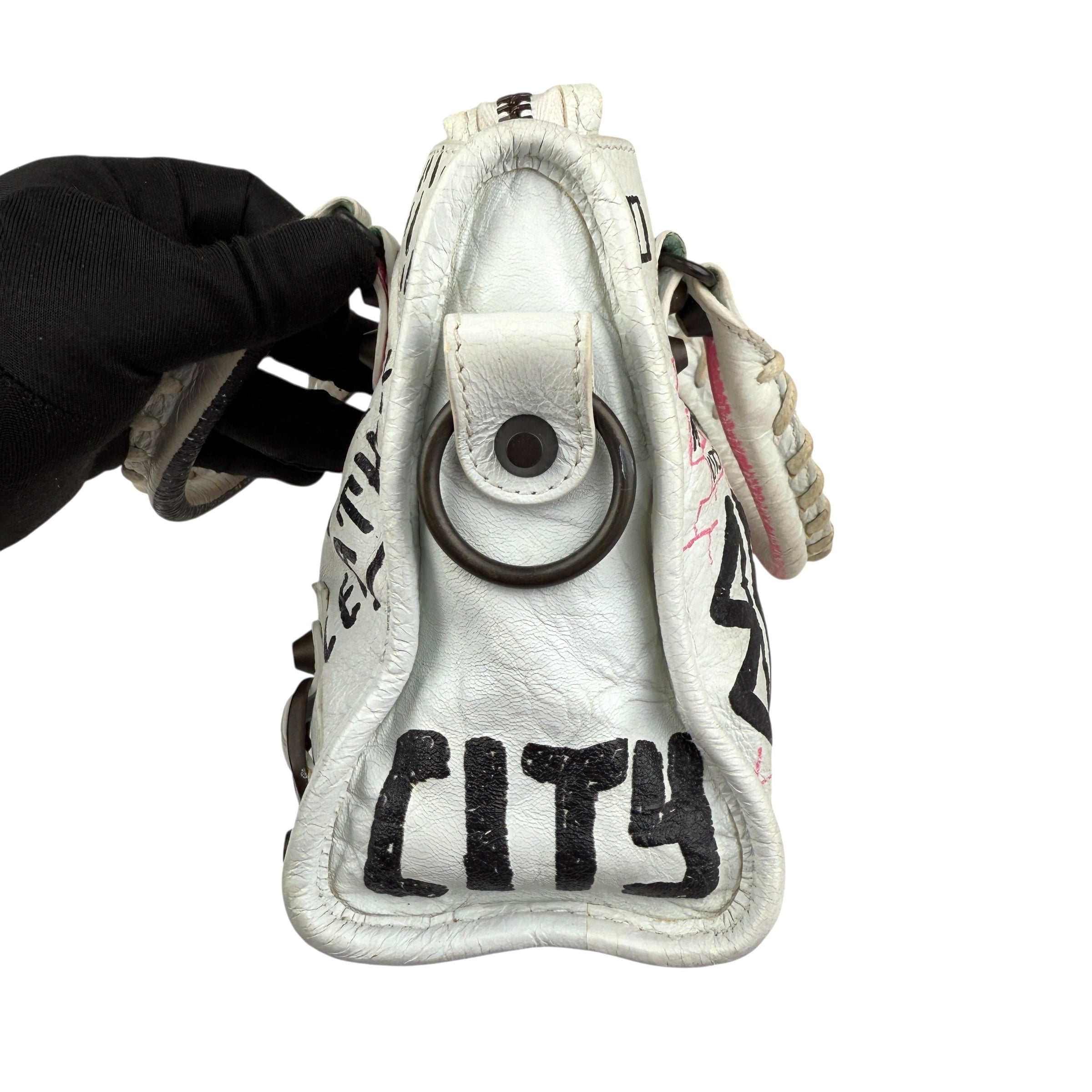 balenciaga agneau graffiti all over classic hardware mini city white multicolor right