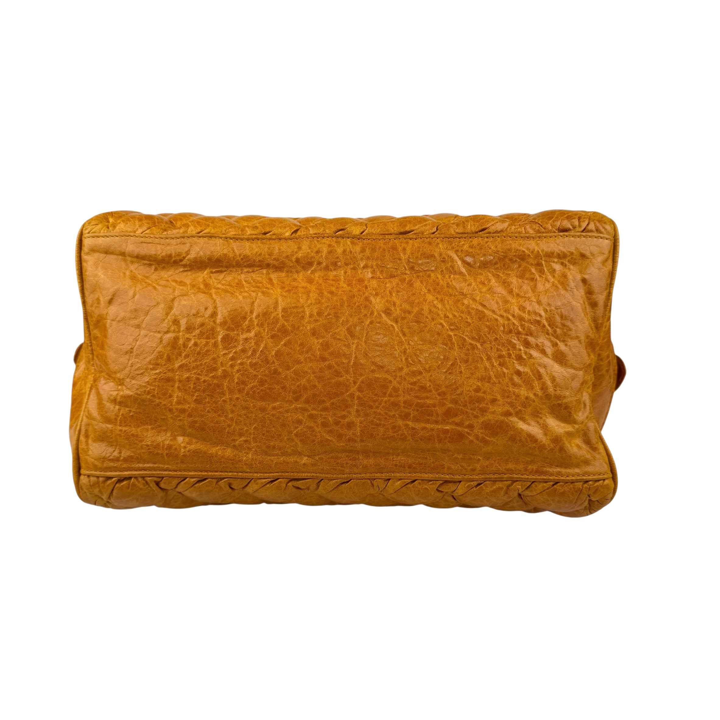balenciaga quilted mustard yellow leather matelasse handbag bottom