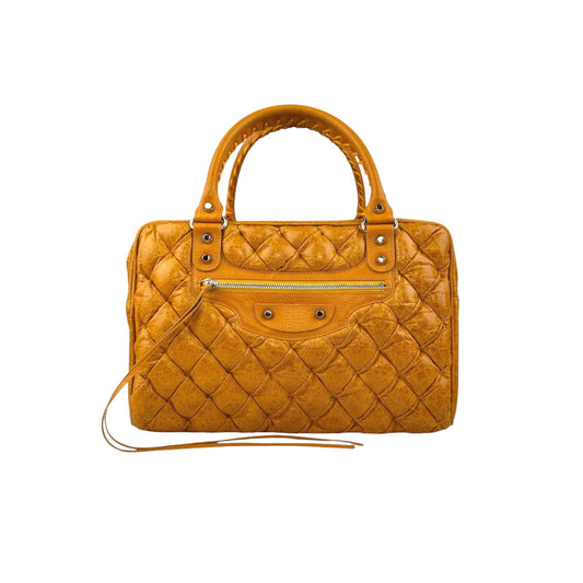balenciaga quilted mustard yellow leather matelasse handbag front