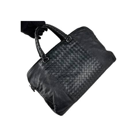 Bottega Veneta Black Intrecciato Woven Calf Leather Top Handle Bag