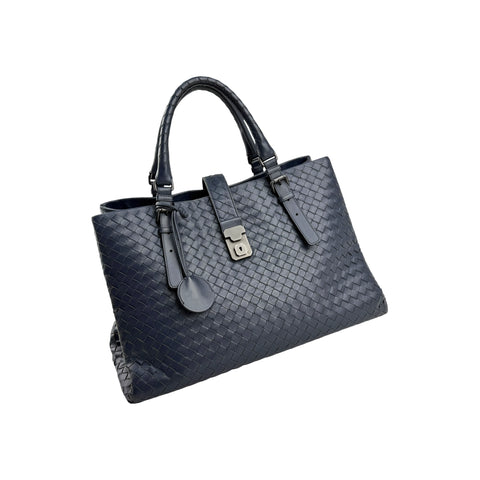 Bottega Veneta Navy Intrecciato Woven Nappa Leather Roma Tote Bag