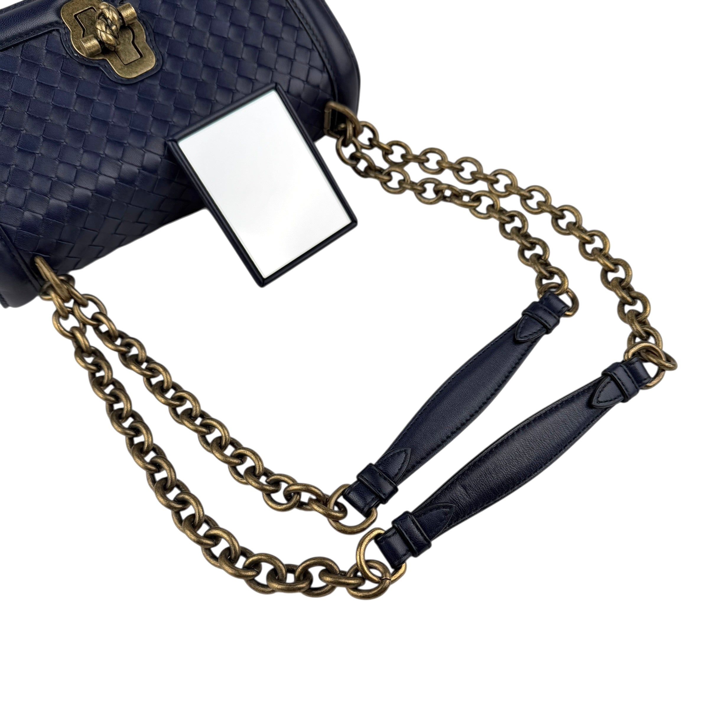 bottega veneta blue quilted leather olimpia knot shoulder bag handle detail