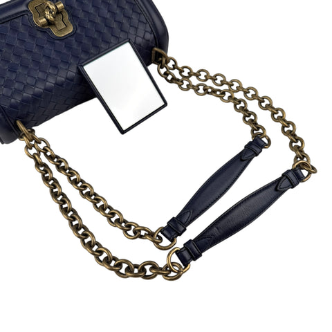 bottega veneta blue quilted leather olimpia knot shoulder bag handle detail