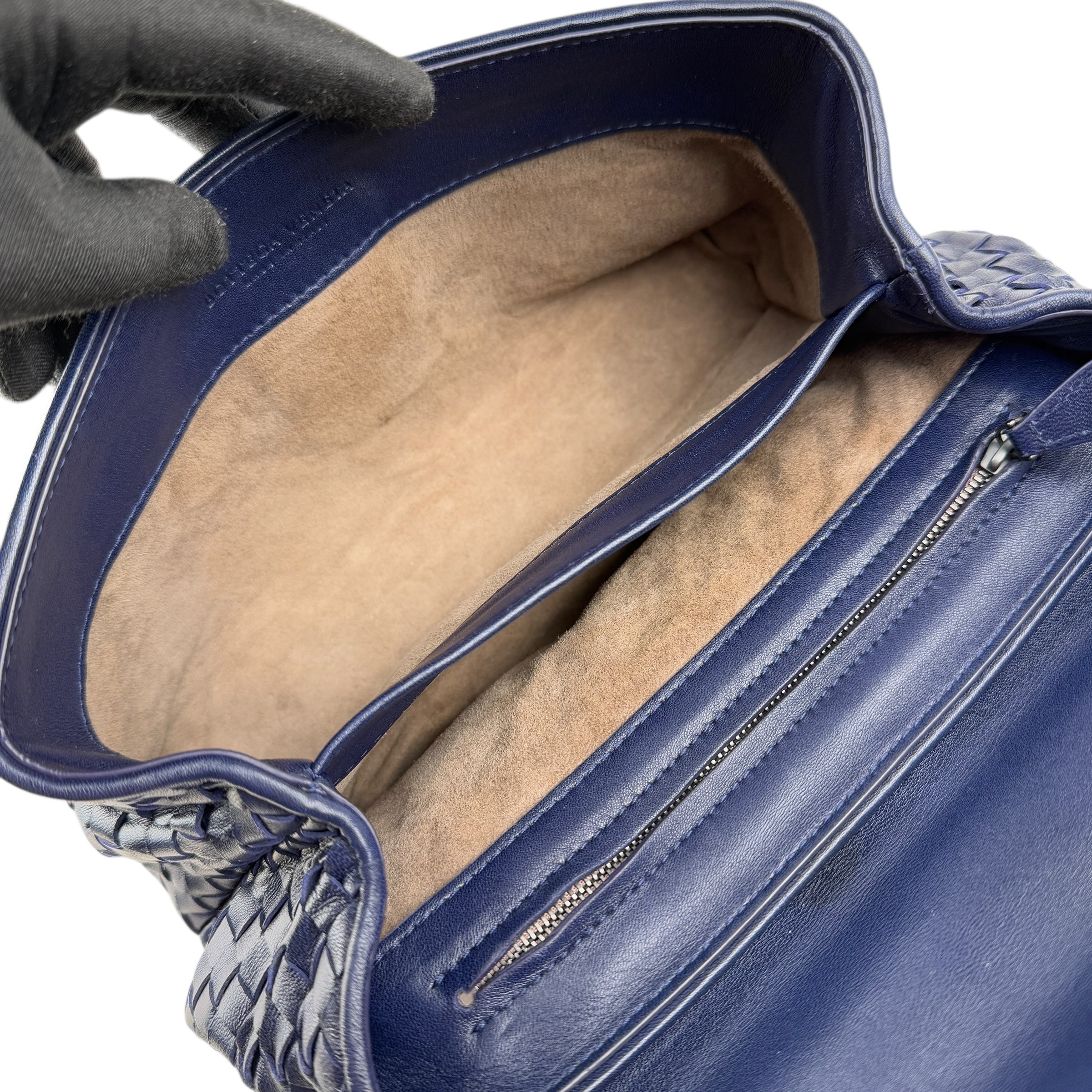 bottega veneta blue quilted leather olimpia knot shoulder bag inside