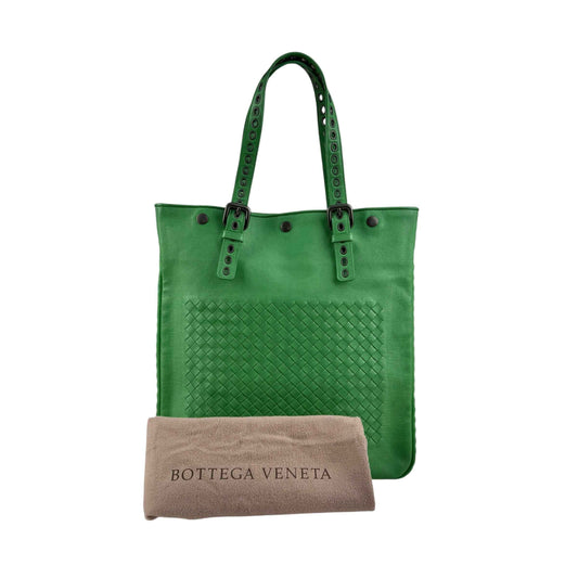 bottega veneta green leather intrecciato tote bag with eyelet handles accessory