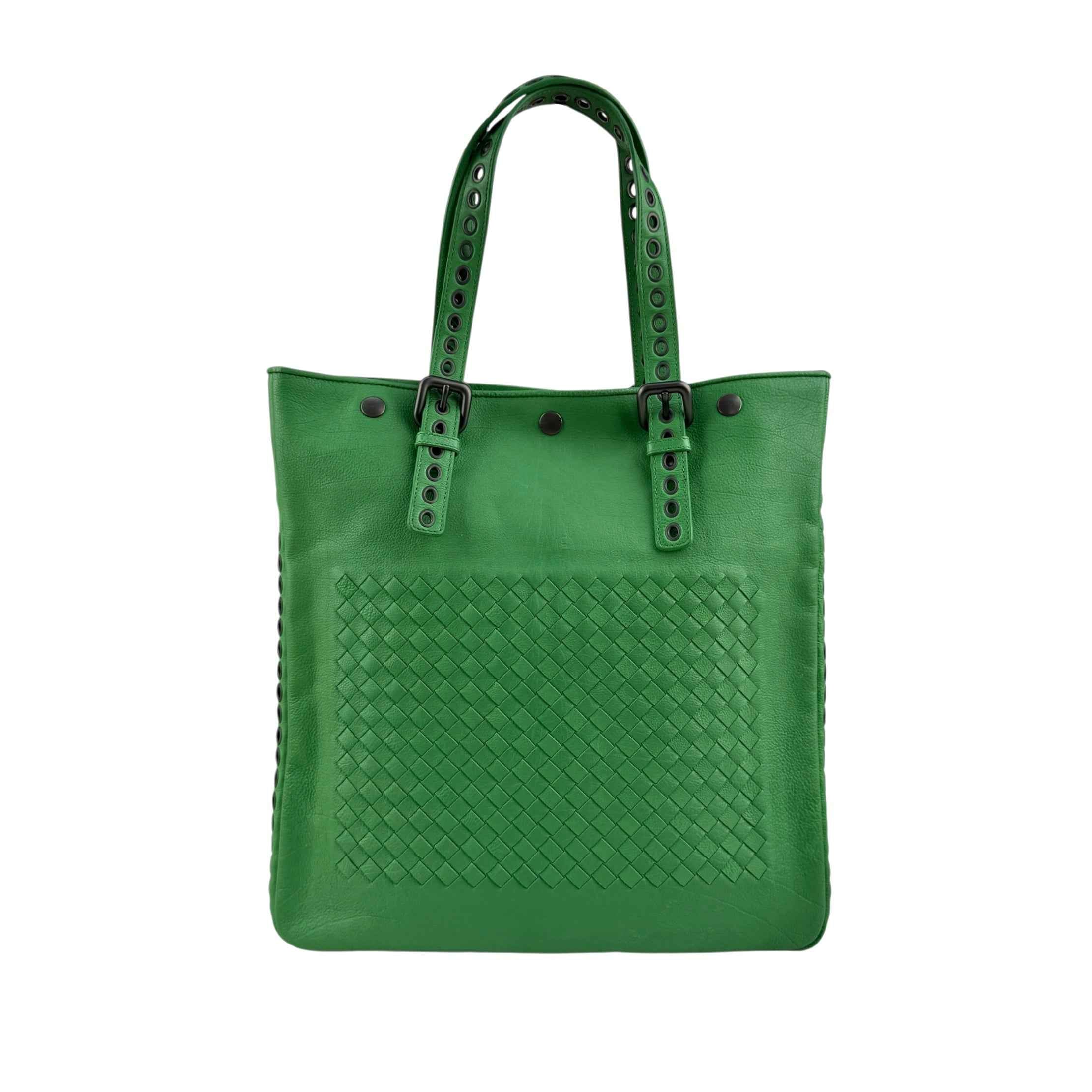 bottega veneta green leather intrecciato tote bag with eyelet handles back