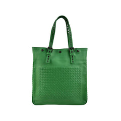 bottega veneta green leather intrecciato tote bag with eyelet handles front