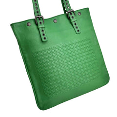 bottega veneta green leather intrecciato tote bag with eyelet handles left back 45