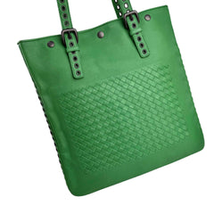 bottega veneta green leather intrecciato tote bag with eyelet handles left front 45